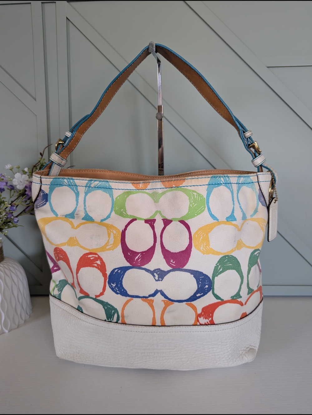 Coach Multicolor Signature Print Canvas Hobo Bag - White Trim
